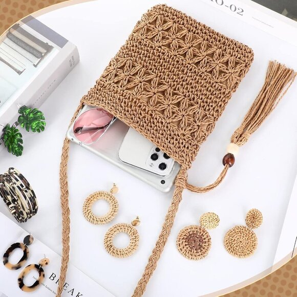 Vacation Purse Set Boho Straw Shoulder Bag Women Crossbody Beach Purse with 4 Ra - Picture 5 of 7